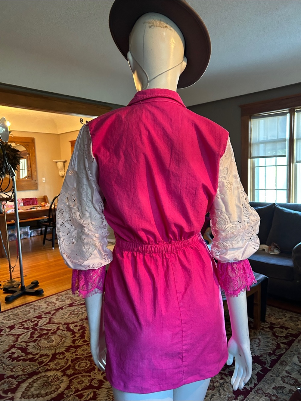 # 120  Up cycled Fringe Button-Front Shirt Dress with Lace Sleeves - Picture 11 of 11